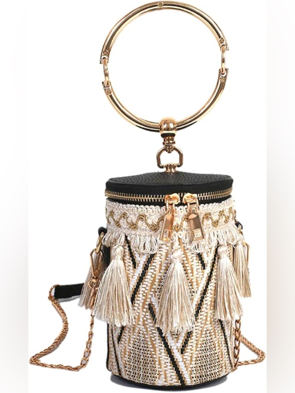 Connaissize Tassels woven bucket bag  Mini Wristlet Bag – Cream & Black exotic!